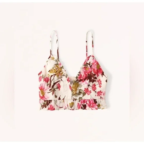 Abercrombie & Fitch Linen Blend Ruffle Top Pink Floral Size Large New‎ With Tags - Picture 2 of 6